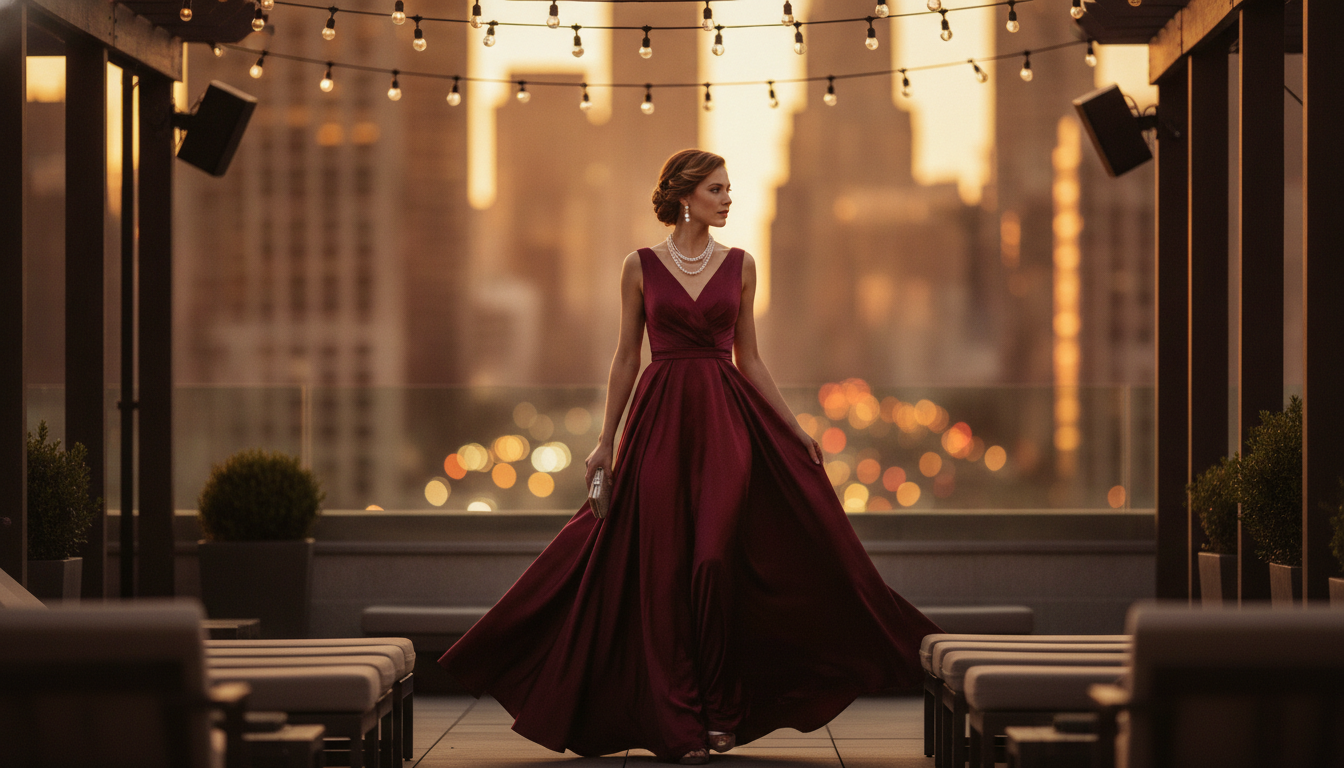 Frau im eleganten Abendkleid betritt selbstbewusst eine Rooftop-Bar vor Skyline-Kulisse