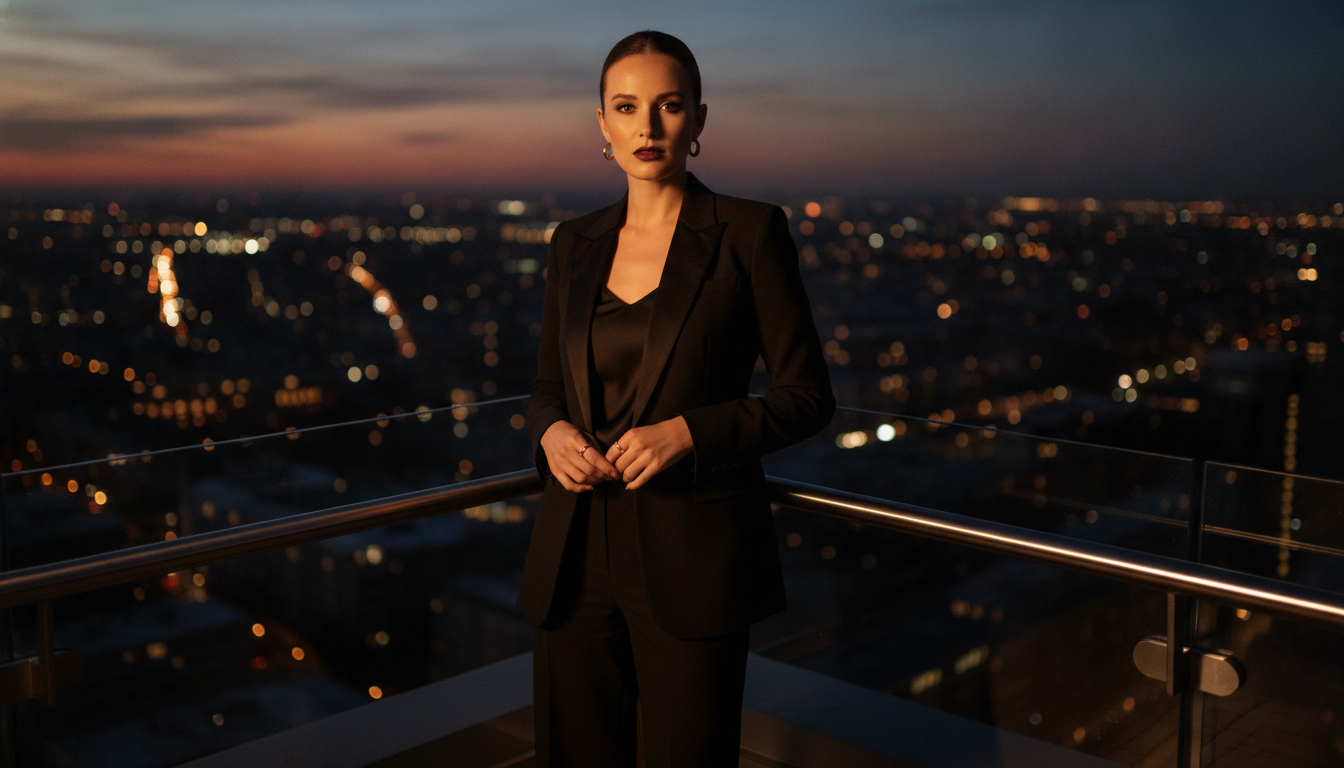 Frau im eleganten schwarzen Hosenanzug steht abends auf einer Rooftop-Bar