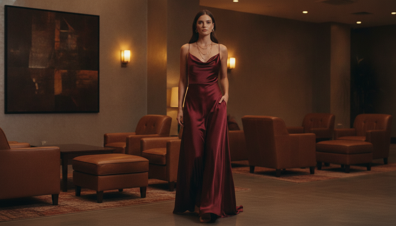 Selbstbewusste Frau im Business-Abendkleid durchquert eine edle Lounge