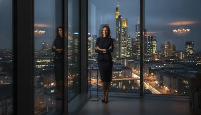 Elegante Frau blickt im Hochhaus-Lounge auf die beleuchtete Skyline des Frankfurter Bankenviertels